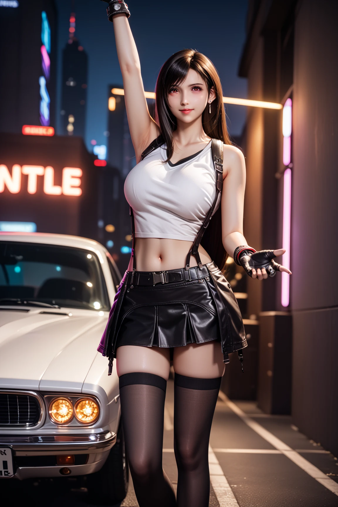 (masterpiece, best quality:1.3) DOAKokoro, 1girl, solo, long hair, breasts, black hair, gloves, bare shoulders, jewelry, choker, car meet, toyota supra, car meet, lots of cars, girls

