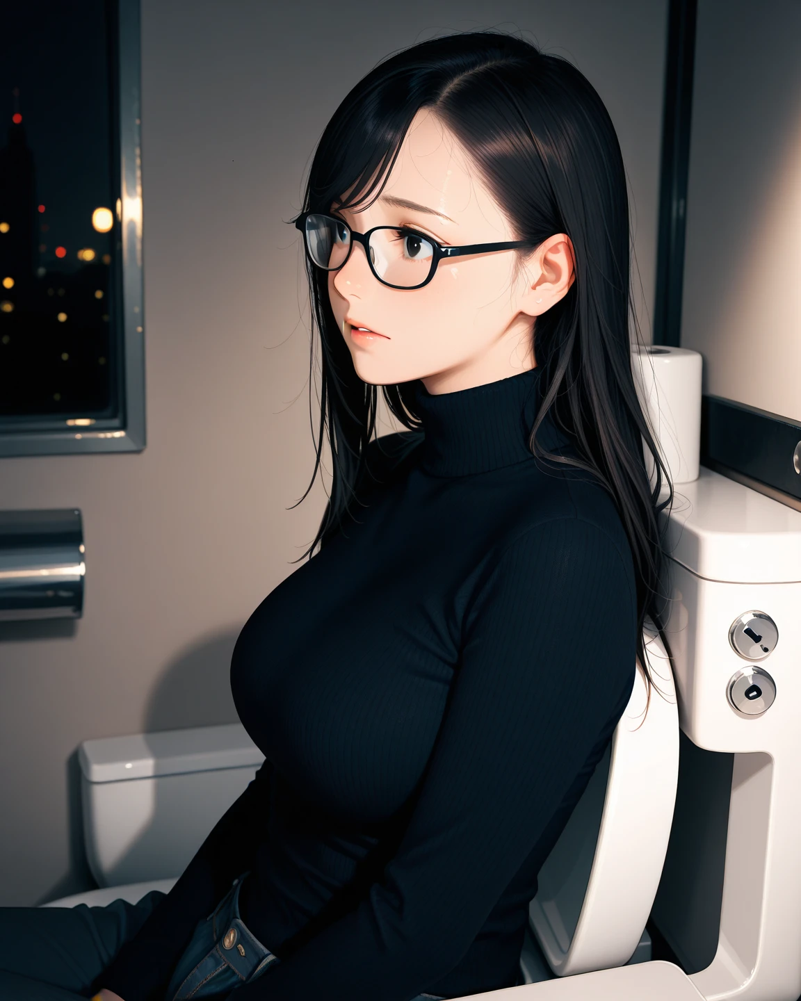 masterpiece, best quality, ultra detailed, highres, 8K, beautiful, face focus, upper body, cinematic lighting, night, darkness, faint light, ambient lighting, from side, 1girl, 30 years old, wife, black hair, long hair, forehead, side-swept bangs, large breasts, black turtleneck, ((black rimmed glasses)), wedding ring, sitting on sofa, scared, hand_in_pants, toilet, indoor,