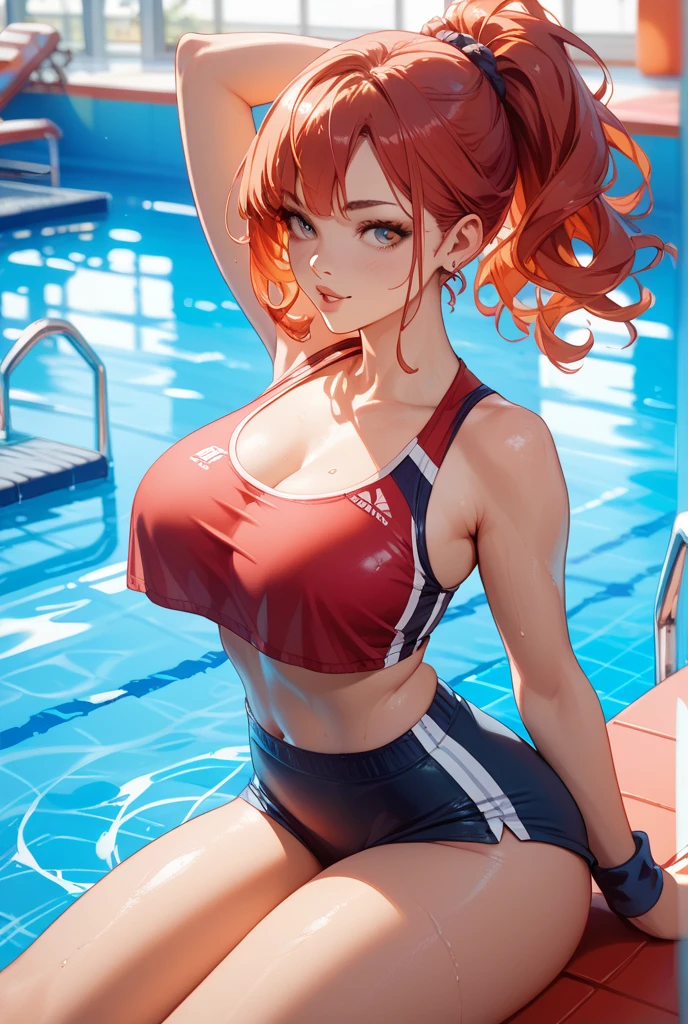 deusa fitness, linda, bikini branco spandex o, fundo hyperdetalhado, swimming pool party, luz natural, [abs:1.5], [sorriso:1.1], solo, @sarasaffari_, Brown medium hair over shoulders, light Brown skin,