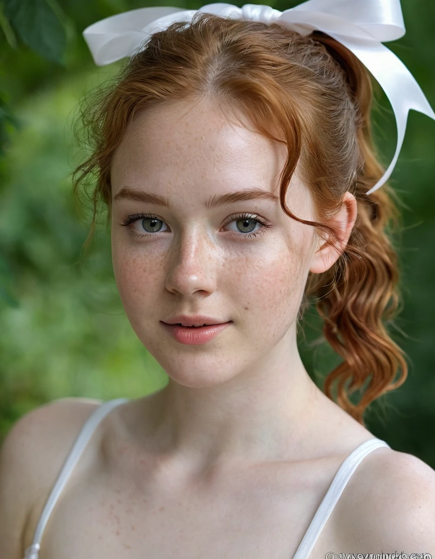 photography half body portrait of very beautiful realistic girl, 15-years-old, porcelain skin, very fair skin, very pale skin, redhead, wavy, ponytail with white ribbons, detail freckles skin, hazel eyes, slanted eyes, small nose, small nostril, thick curved eyebrow, thick bottom lip, seductive gaze, happy face, unique face, wear white t shirt, detail photo, realistic photo, master piece picture, sharp picture, outdoor clear daylight