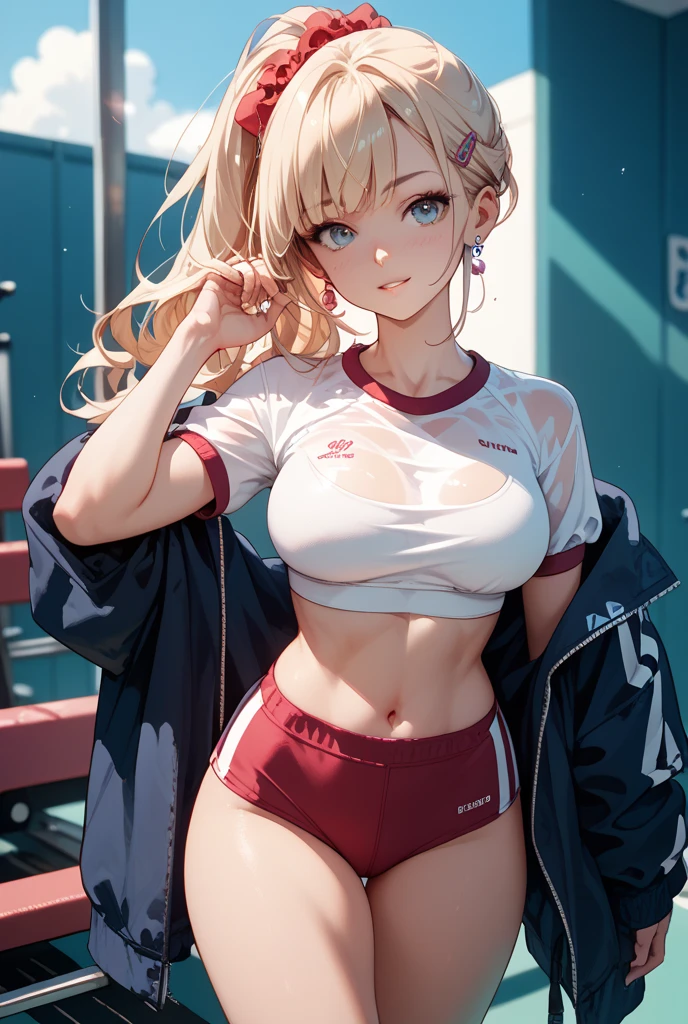 highest quality、High resolution、Detailed Background、(Beautiful face in every detail:1.4)、Anatomically correct、(Detailed facial expressions)、(Detailed eyes:1.2)、Teenage beauty、(Highly detailed face:1.4)、(Huge breasts:1.3)、Cute hair colour、Bobcut、ponytail、attractive thick thighs、Accentuate your underboob、Healthy Beauty、Embarrassed look、Show your side、
(Three beautiful girls in gym clothes are looking at me coldly in the schoolyard.:1.5)、
(Crouching down, from a true-below angle:1.5)、Ultra-close-up of the real thing、
(close-up underwear From below), From below, (Underboob:1.3)