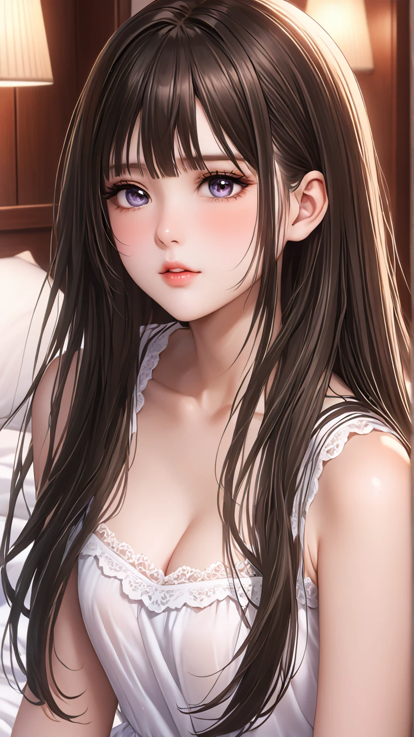 Best Quality,High resolution,8k,finelity detailed background,Masterpiece:1.2),beautiful girl,Shiny brown hair,messy hair,Beautiful brown eyes,Gentle look,A refreshing look,smile,Best quality,Best Quality,Aesthetic and aesthetic:1.2,Best details((Super detailed))(High-definition CG illustrations),black nightgown,Slender body,night,moon,Bedroom,On the bed,smile,blush,cute,Scrounge,Looking up,Being spoiled,super model,wariza,shoot from,below