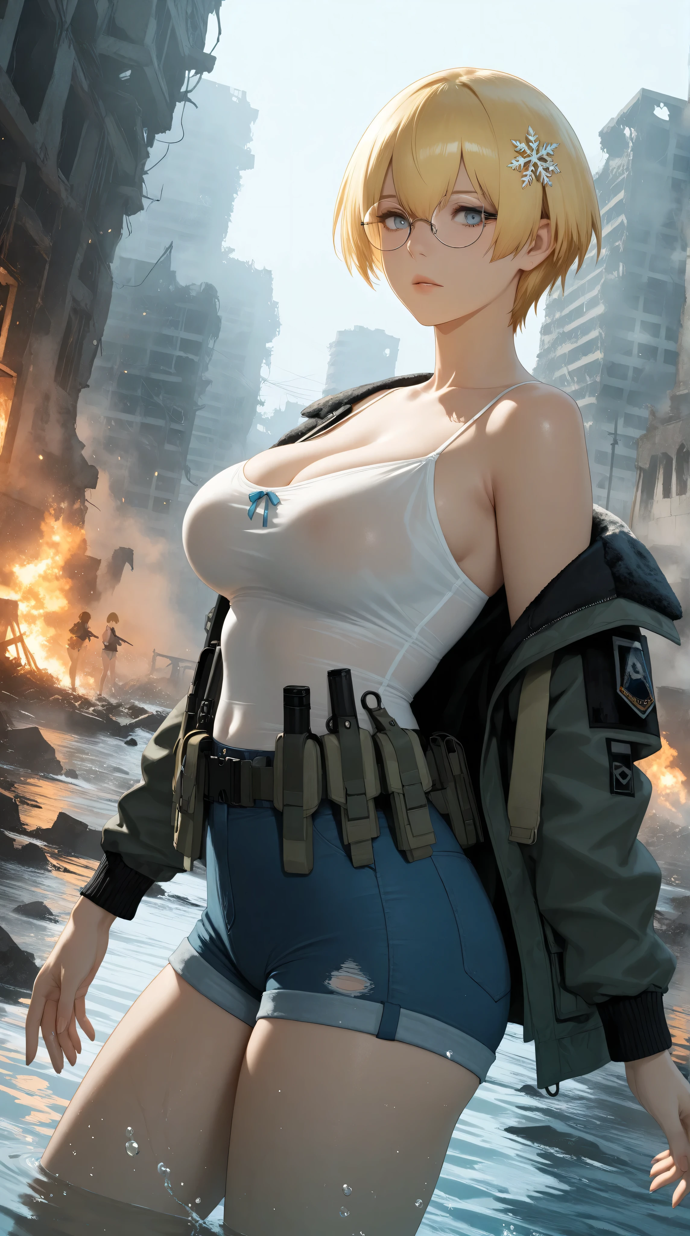 (((1 girl, cute, (gigantic breasts:1.2), denim jacket, white top, jeans, black Gloves, blond, short hair, pixiecut, side parted hair, blue eyes))), (((blond hair))),
dynamic poses, manga style, depicting a group of characters in various action scenes, from intense battles to lighthearted moments, with dramatic speed lines and bold sound effects, capturing the excitement and energy of the story, Laser rays from the palm of hand, yellowstone park, Grand Canyon,