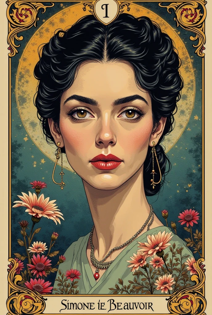 A beautiful woman with pale skin and dark wavy hair styled in a loose bun, adorned with green leaves and white flowers. She is wearing large emerald green geometric earrings with gold frames. Her expression is confident, with soft makeup, rosy cheeks, and red lips. She is dressed in a floral-patterned vintage dress in muted tones. The background features an intricate golden halo with ornate Art Nouveau designs, set against a teal textured backdrop. The style is inspired by Alphonse Mucha with modern digital painting techniques, detailed, elegant, soft lighting, oil painting texture, portrait orientation.