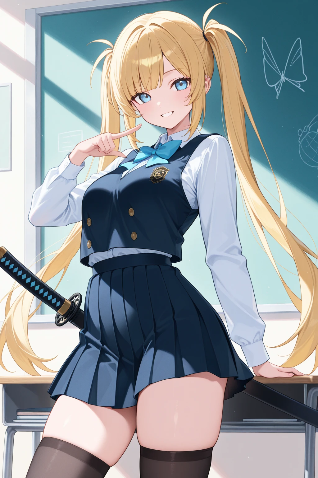norn,uniform,skirt,Magic School,Eyes are hearts,Long Hair,bag,Cute pose,anime,1girls,solo,classroom,Magic wand,Panty shot