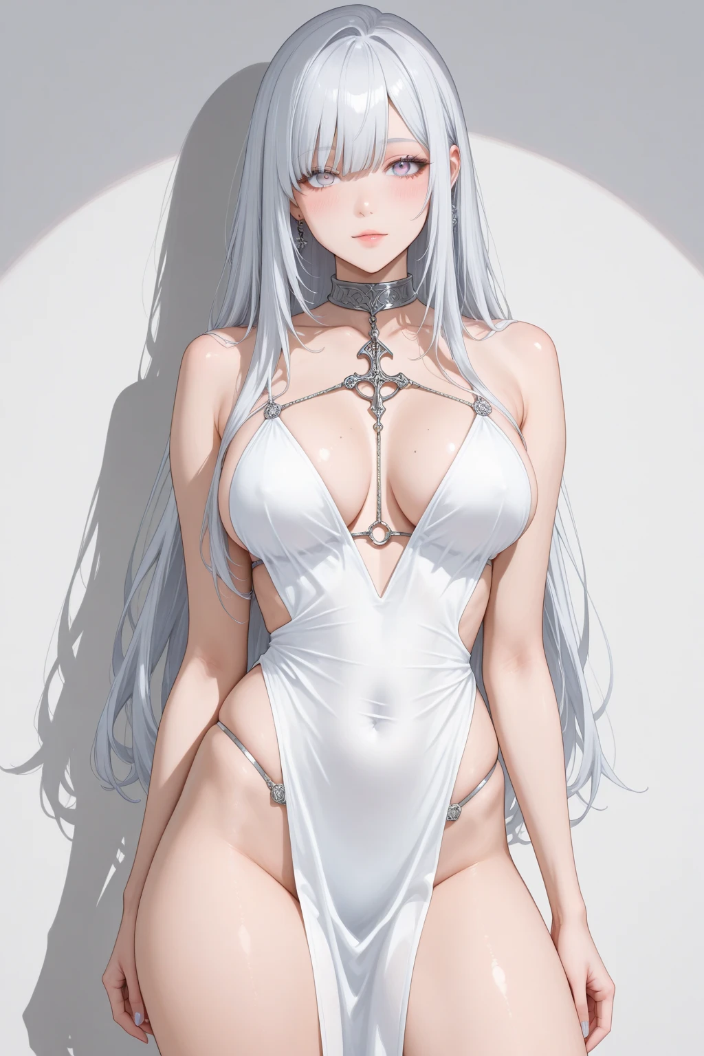 masterpiece, {{{{Highest quality}}}}, female solo, fullbody, fullbody female solo, long white hair, pale skin, red eyes, hourglass body, big , vampire, bikini, at the pool