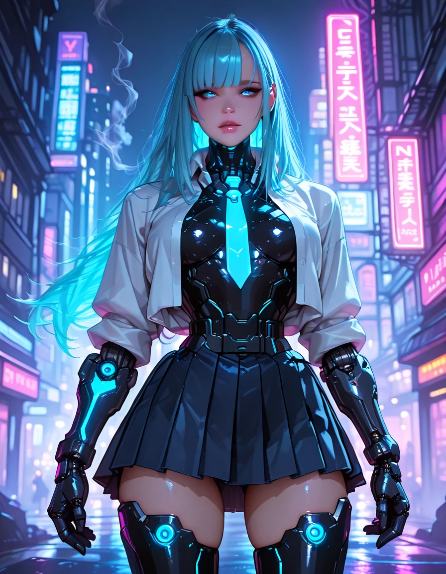 View from below, angle from below Girl Android mechanical prosthetics demonic gloomy with long blue hair woman with sexy hips half cyborg modification Beautiful sad girl blue eyes stands in full growth Anime Style black background Cyberpunk style, black background image of night black city and blue neon lights fluorescent lamps