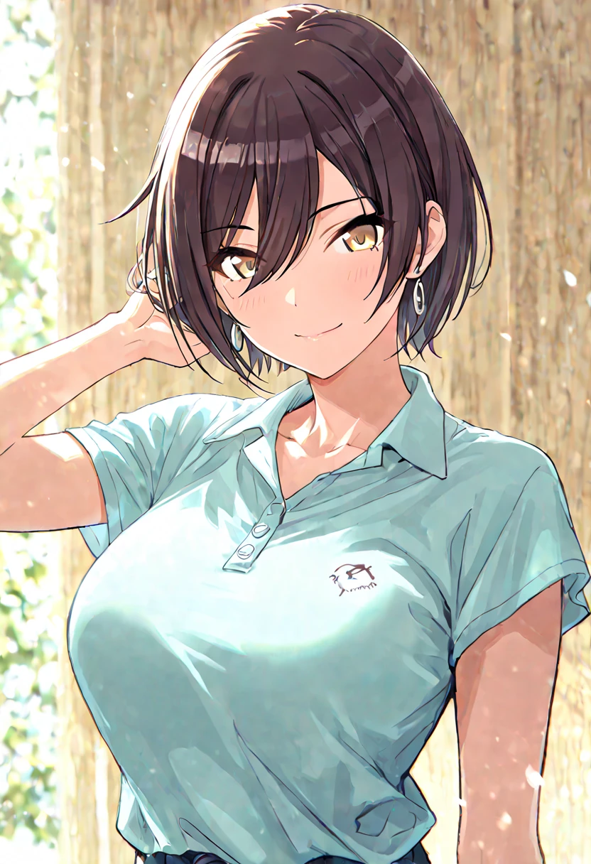 masterpiece、High resolution、high quality、High resolution、young woman、Short Hair、Beautiful Lips、Courting face、smile、((near))、Polo shirt、blue sky