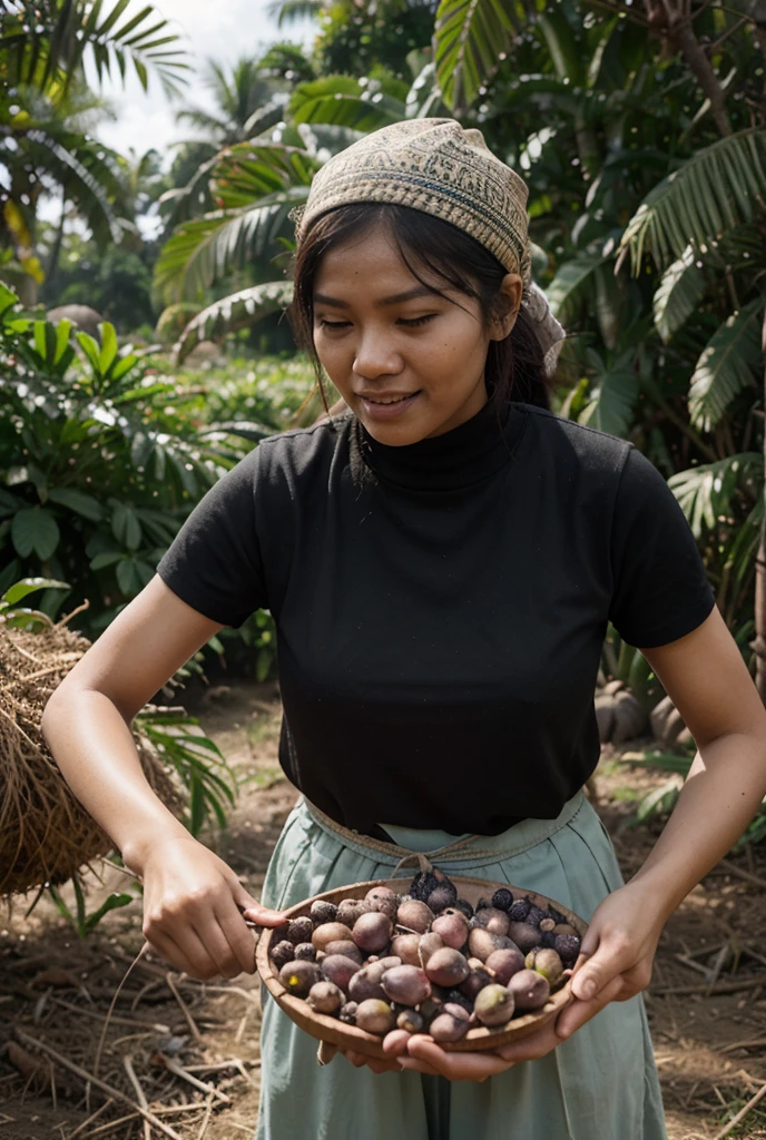 sweaty wet  oily javanese lady farmer harvesting crops, messy short wet hair