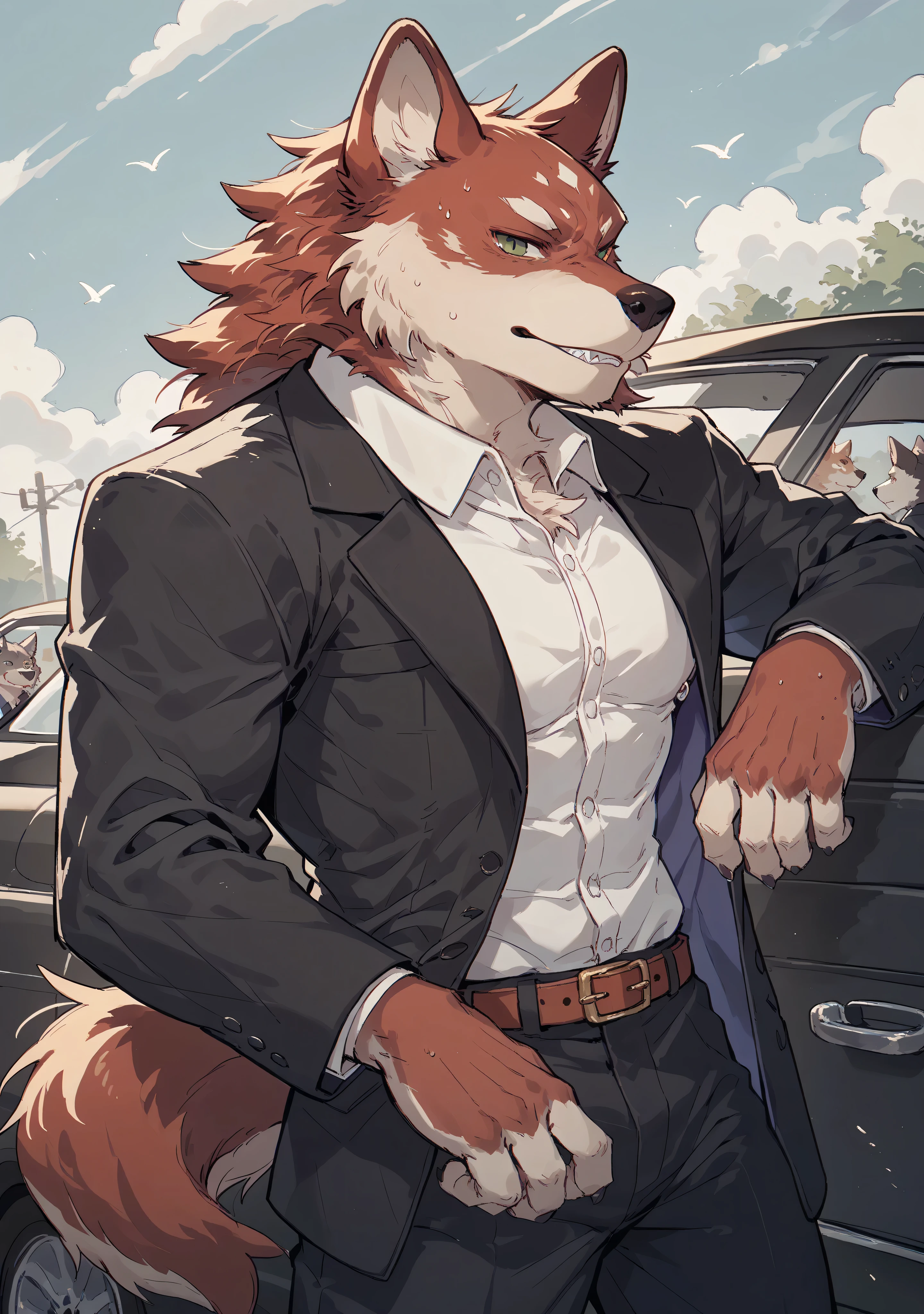Feel, kemono ,breakpoint _9_Up,Fraction_8_Up,Fraction_7_Up,Fraction_6_Up,Fraction_5_Up,Fraction_4_Up,, Wolf, (eyes with purple pUpils), Wearing a black suit,muscles,'s only,Wolf tail,looks at the audience,red fur,green eyes,Gangster,with a black car in the background