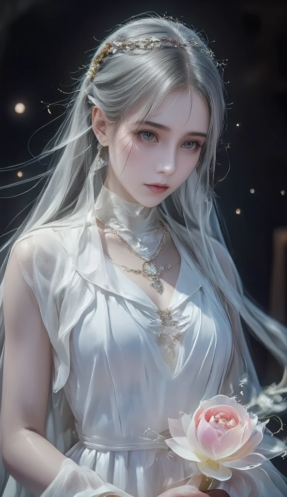 ((bust pictures))((masterpiece:1.5、8k、Portrait、逼真且Very detailed的 CG、Very detailed、particle effect、Dynamic effects、written border depth、Cinematic light、lens flare、Ray tracing、On the table、actual:1.4、Ultra-high resolution:1.2、actual、actual))((alone、,woman in turtleneck dress:1.4、Model-like pose:、Side milk、large breasts、Detailed face、Bright expression、young, brighter, Whiter skin、Best looking、ultimate beauty、white hair with shiny highlights:1.8、Hair bright and shiny,、Extra long, silky straight hair、hair swaying in the wind))(Magic transparent flower々quilt...around、White background、great background、Thin petals fall down)、Sky Striker Rei in Yu-Gi-Oh!