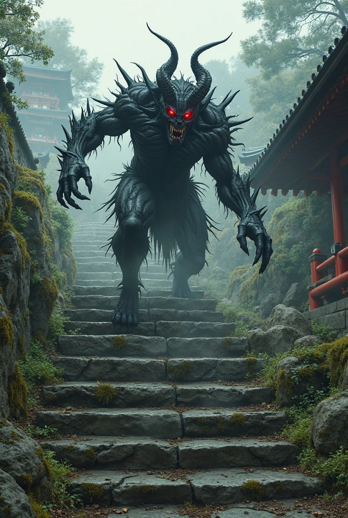 A giant demonic entity, apocalyptic destruction, chaotic world, ancient Japanese folklore, decadent city in ruins, fear and awe-inspiring, (best quality,8k,ultra-detailed,photorealistic:1.37),digital painting,dark fantasy,chiaroscuro lighting,dramatic shadows,muted colors,moody atmosphere,(intricate details,highly detailed:1.2),cinematic composition