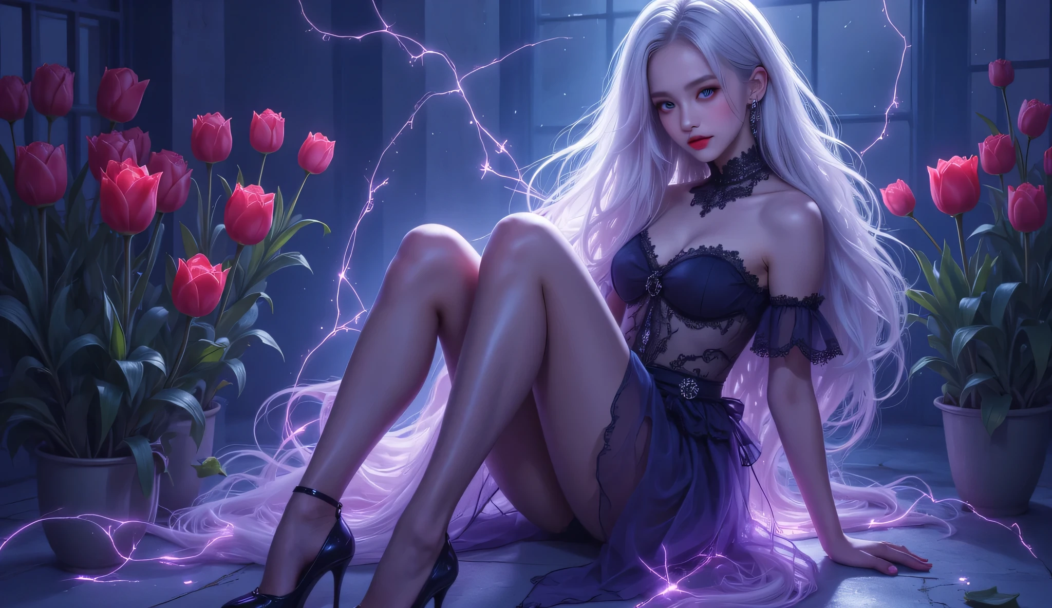 Fluorescent color、 1 girl in uniform、((横たわる女の子)),Look to the side、 beautiful face、( beautiful eyes)、((Dark blue eyes)),( translucent off-the-shoulder white dress 、 miniskirt:1.2)、( black lace stockings )、(濃いブルーの目),(くっきりした二重まぶた), long legs 、 high heels、 shiny white hair 、Pubic Skin 、Reduced glare emission 、Finger ratio adjustment、dark、 subjective、 dynamic angle 、((Master part)))、((( Ultra-detailed))、(Illustration)、(( very delicate and beautiful ))、Dramatic_ombre、lightning strike_tracing、reflection、 super high resolution、 woman walking around small dots of light around her 、 your silver hair is blown by the wind 、 staring at blooming red tulips glowing around her dark blue eyes々、 silver-haired woman、 dots of light and shining snowflakes 、輝く蝶でいっぱいのdark場所の女性、 silver-haired woman、 light spots around a woman 、 Whimsical Charm 、supernatural aura、超 Whimsical Charm silver-haired woman,(( )),( shining through pink )、