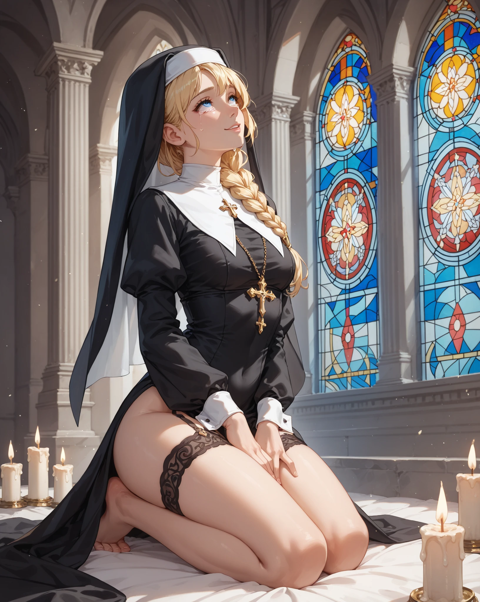 Photorealistic、whole body、High resolution, Best Quality, super high quality, High quality, High resolution, ウルトラHigh resolution, Disorganized, 4K, In 8K, Hyper-detailed, Intricate details、25 year old woman with beautiful features、Slim body type、Great shading, High contrast, Realism, Photorealistic photography, Raw photo, Photographic, Shrinkage rate, Perfect Anatomy, Correct Anatomy, Perfect proportions, Perfect Face, Perfect Hands, Perfect legs, Perfect fingers、Small breasts、Blue Eyes、Blonde Medium Long、Black nun outfit、In the background is the cathedral chapel、Front facing、Sitting on the floor、Spread your legs towards the front、I can see her white panties、A shy smile、looking at the camera