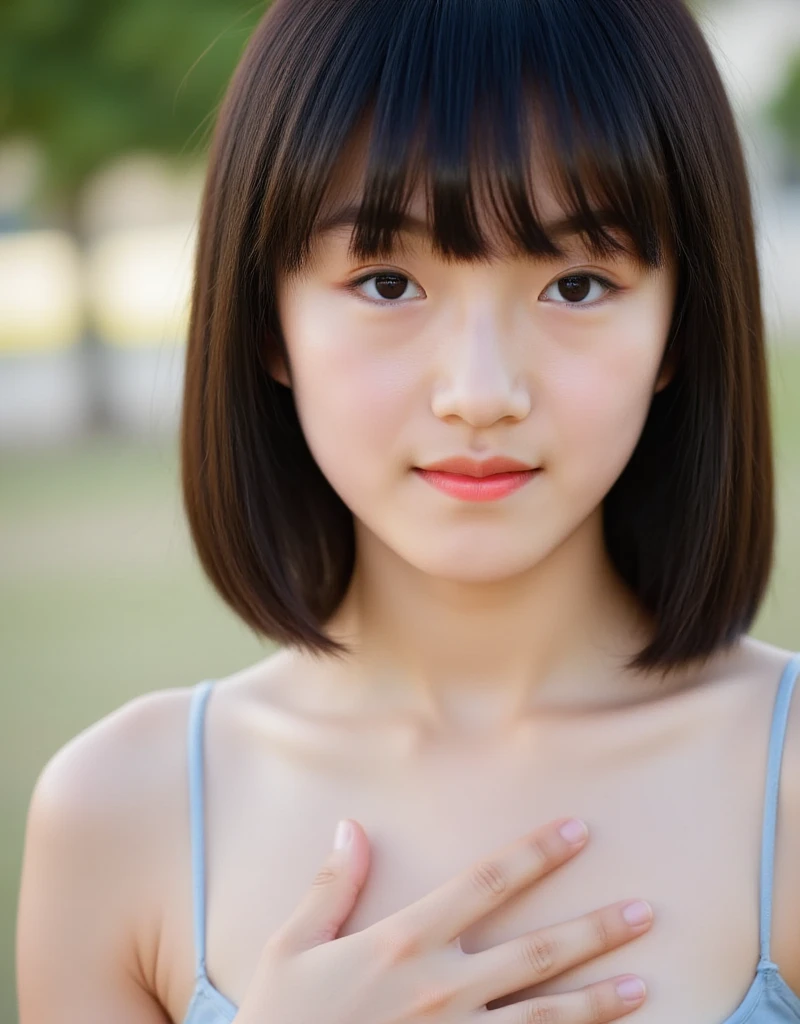 Neat and clean schoolgirl, petite person, (Mini white dress, White panties), shores, (slim, Small, Flat, Small), Short black hair, Photorealistic, detail, Skin Texture, Ultra Detail, Wear black sandals, delicate sexy collarbone, Smile, Super Detailed Face, Detailed lips, Detailed eyes, 10years old girl、Delicate eyebrows、Ball bokeh background