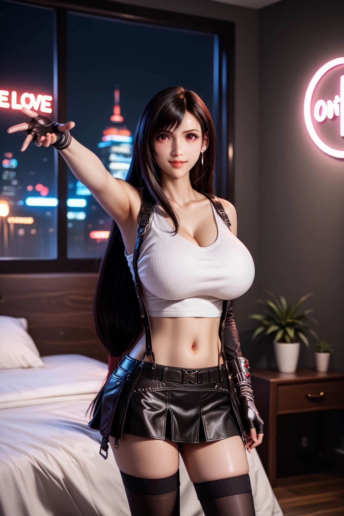 official art, unity 8k wallpaper, ultra detailed, beautiful and aesthetic, masterpiece, best quality, 1girl, extremely detailed, dynamic angle, cowboyshot, the most beautiful form of chaos, elegant, a brutalist designed, vivid colours, romanticism, by james jean, roby dwi antono, ross tran, francis bacon, michal mraz, adrian ghenie, petra cortright, gerhard richter, takato yamamoto, ashley wood, atmospheric. Tifa lockhart, long black hair, red eyes, hair bangs, (white tank top:1.5), black miniskirt, suspenders, stockings, (huge perky breasts:1.5), cleavage, in a modern industrial apartment, brick wall, one girl, 1 girl, thin waist, wide hips, exposed abdomen, toned abs, toned arms