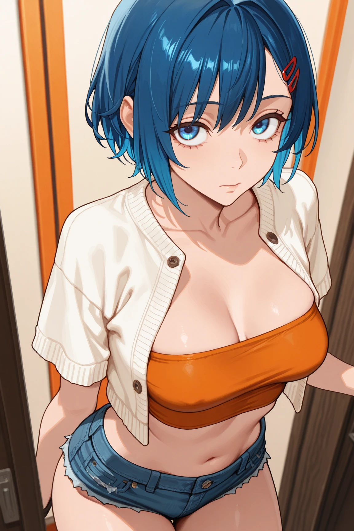 masterpiece, best quality, looking at viewer, upper body, portrait, looking at viewer, seductive smile, put your hands behind your head, armpits, armpits visible, sweaty armpits, xenovia quarta, very large breasts, short blue hair, wearing white tanktop,