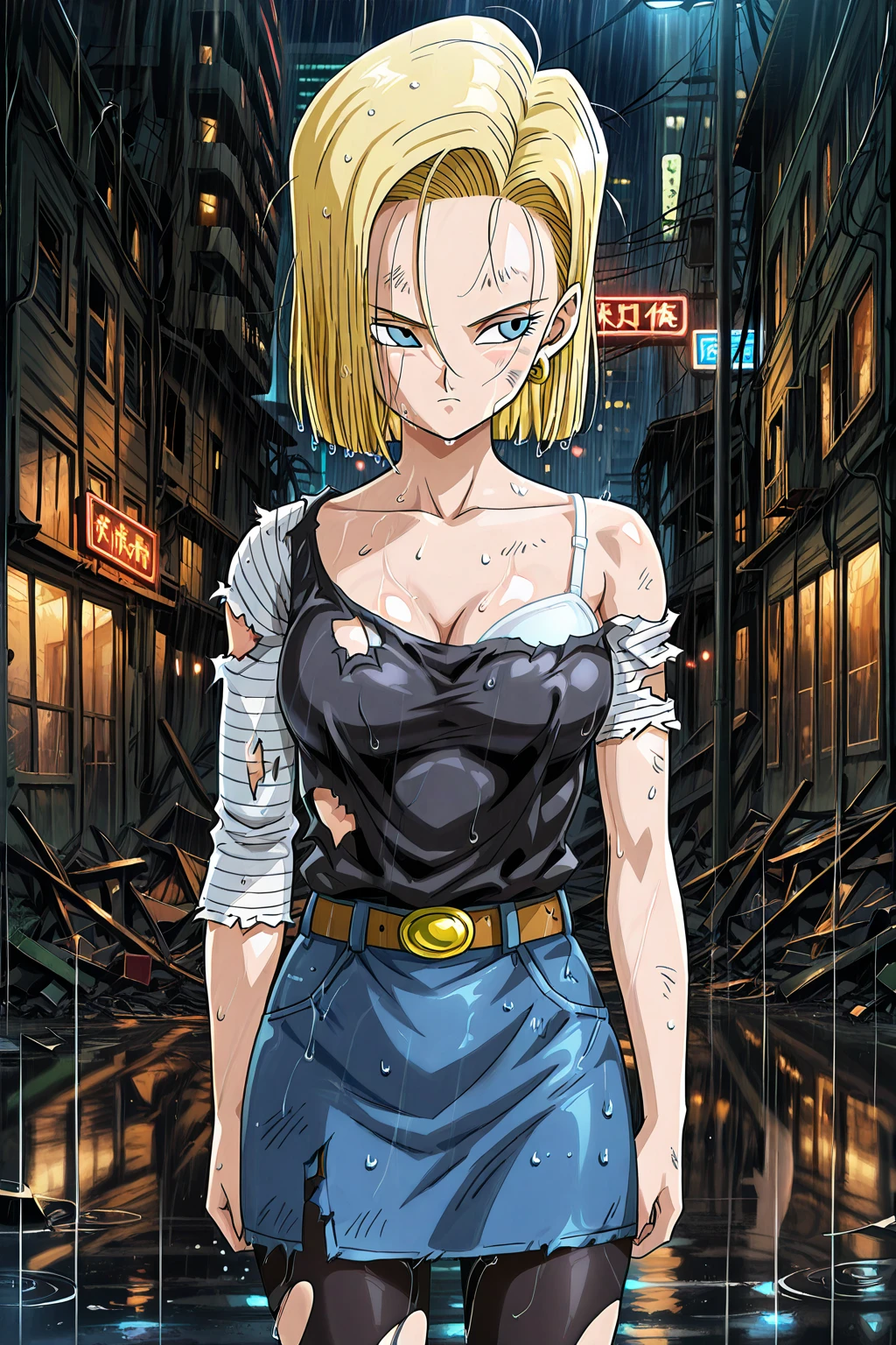 and18, 1girl, android 18, solo, blush, angry, blonde hair, blue eyes, (torn clothes:1.1), torn pants, torn shirt, short hair, underboob, large breasts, perfect breasts, cleavage,  masterpiece, 4k,