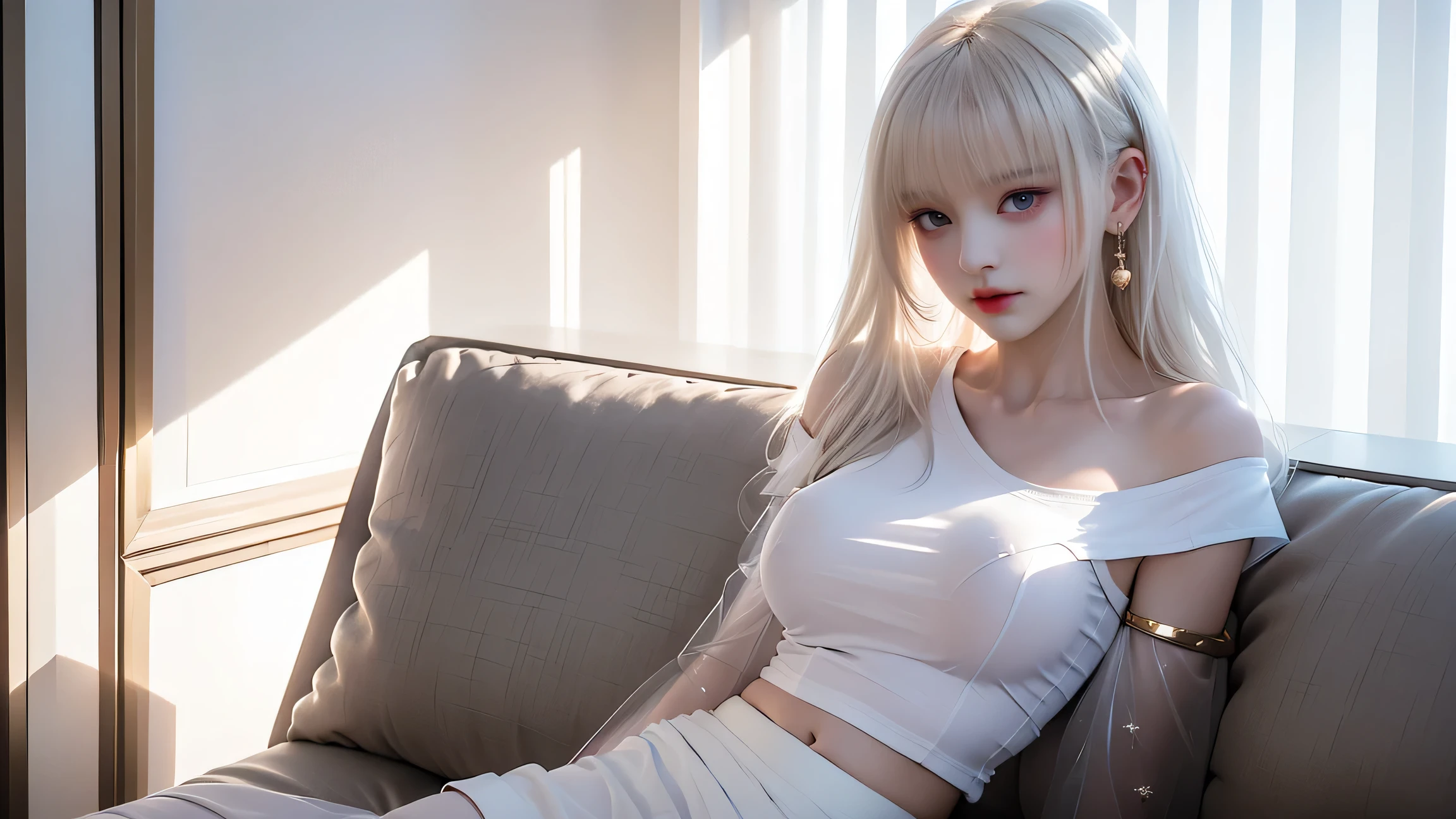 Female((20year old)), hair((blonde, long)), eyelue, big eyes)), sunset, Han river, Seoul tower, smiling, lipgloss, diamond necklace, earrings, gigantic breast, big boobs, oppai, ((velvet, 🔵, crop-top, Hotpants))