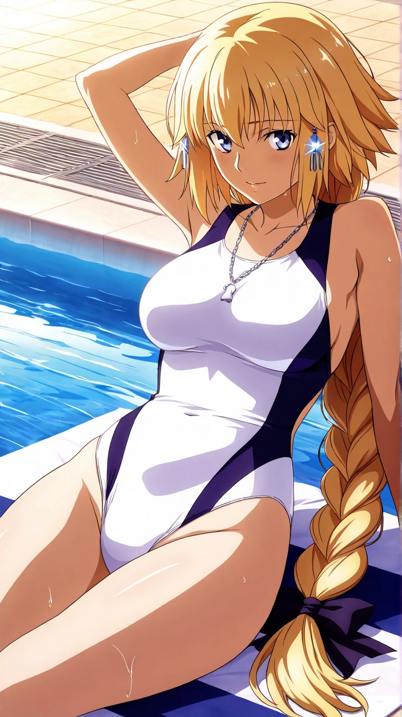 {{Masterpiece 1.3}},{Write in detail and carefully1.3},Official Art,Beautiful adult woman,Jannu d'Arc,Long blonde braids,Large Breasts,Erotic Seduction:1.5.,School Swimsuit,Embarrassing,Seduce in sexy poses,On the bed