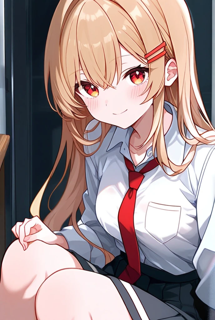 marinkitagawa, marin kitagawa, blonde hair, choker, ear piercing, earrings, long hair, piercing, (red eyes:1.5), straight hair, swept bangs,
BREAK black necktie, long sleeves, pleated skirt, school uniform, shirt, skirt, sleeves rolled up, white shirt, cleavage,
BREAK indoors, classroom,
BREAK looking at viewer,
BREAK (masterpiece:1.2), best quality, high resolution, unity 8k wallpaper, (illustration:0.8), (beautiful detailed eyes:1.6), extremely detailed face, perfect lighting, extremely detailed CG, (perfect hands, perfect anatomy),