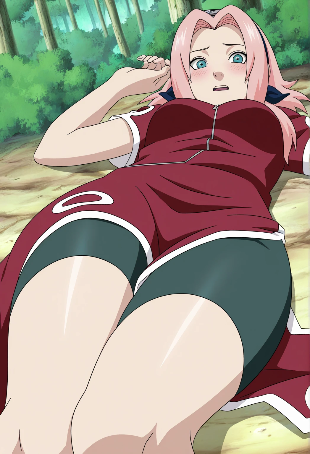 full body, ((pussy, bottomless, naked)). High quality, ultra detailed, realistic artwork of a "Sakura Shippuden" scene with vivid colors, perfect for 4K or 8K resolutions. The scene depicts Sakura Haruno., a young woman, She is naked. Her leg is bandaged, indicating a recent injury. sitting, spread legs, ((naked)), wide open legs, pussy focus