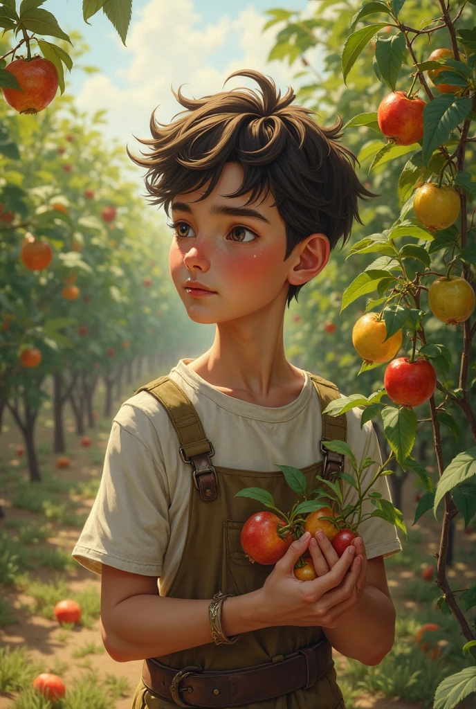 A teenage boy picking apples on the apple tree
