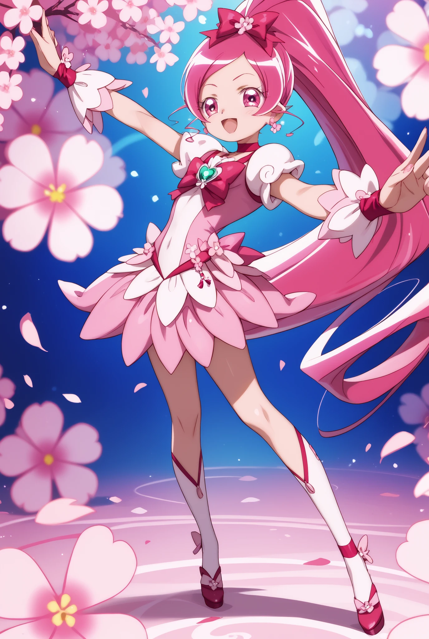 heart catch Pretty Cure、cute、Cure Blossom、Cherry blossom dancing background 、 Slim、small breasts、Shiny on the skin、Fun、cuteポーズ、