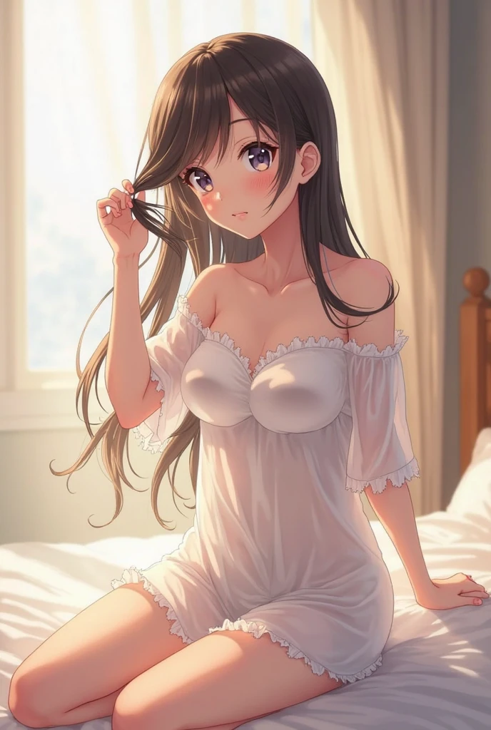 Looking at you and smiling, long hair, see-through baby doll, sitting and smiling, anime style  
