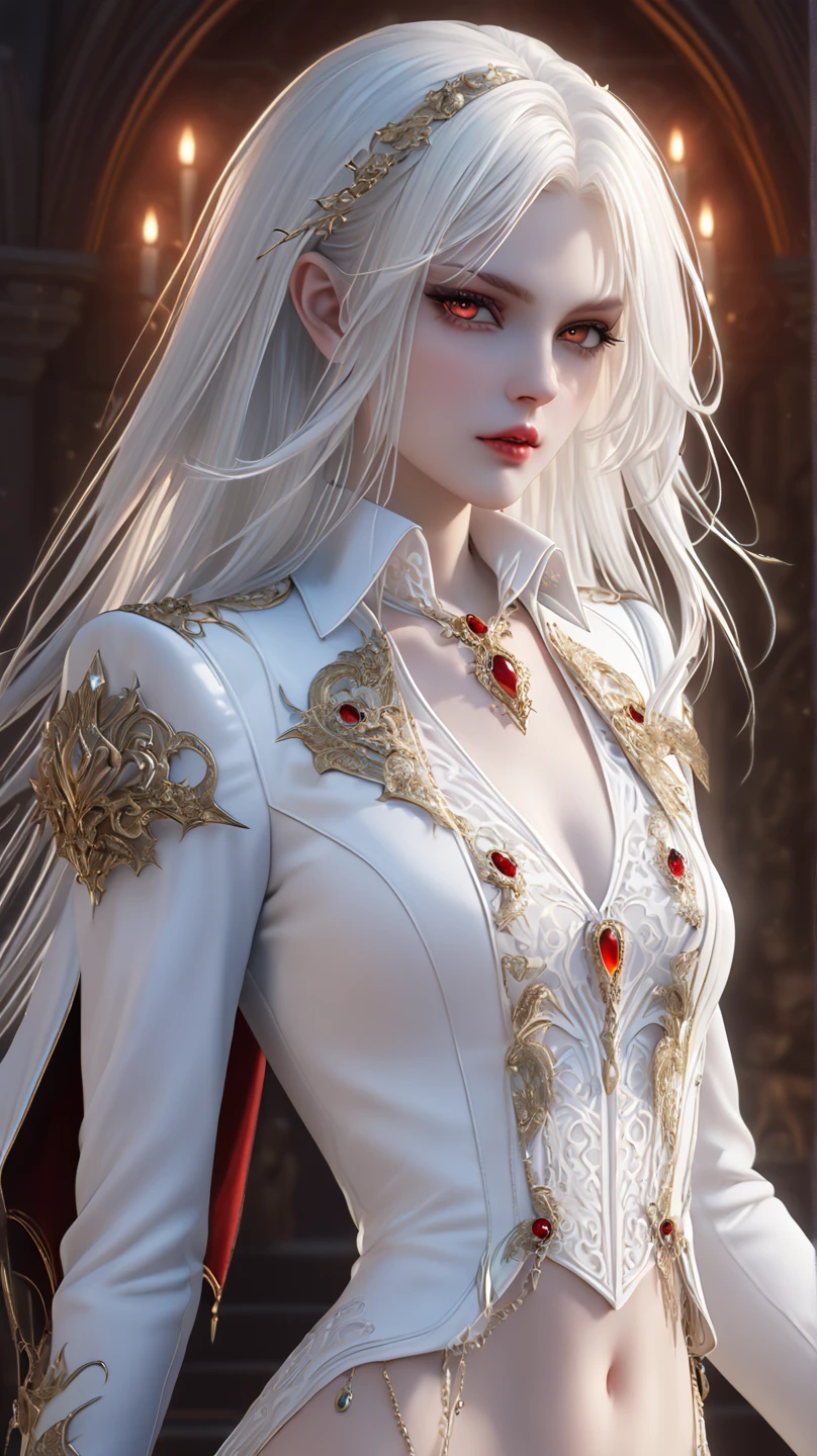 Lucy Wetenra, mixed asian, character from the book Dracula by Bram Stoker, beautiful and sensual, completely naked, with completely white and pale skin, red eyes, with very long, wavy white hair, walking through the gallery of an ancient mausoleum full of stained glass , painted in the style of a Renaissance painting. red gems and jewelries on her dress, red gems jewelry on her hair, luxury, sexy eyes , Lilith ,