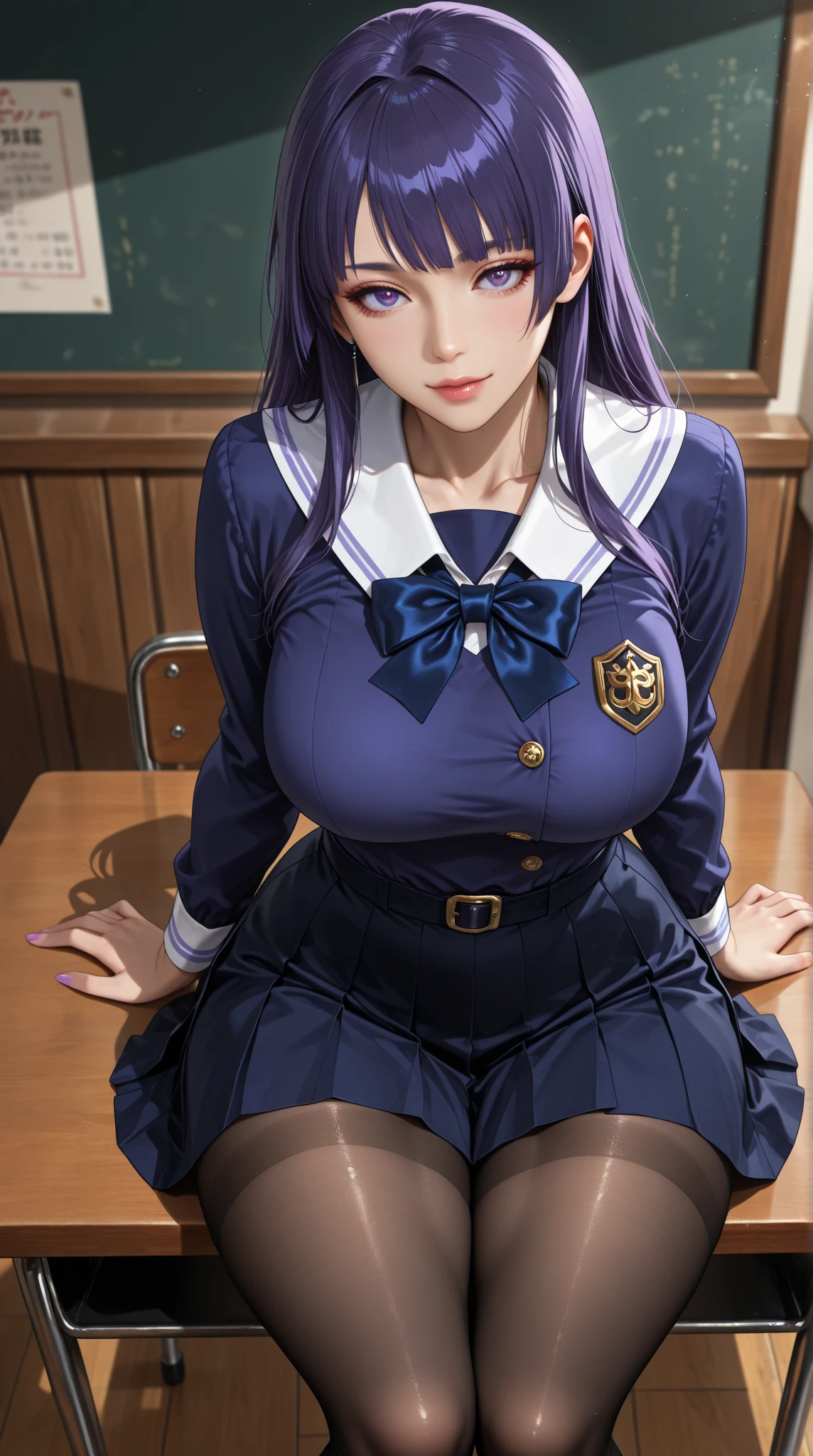 anime (Kampfer), teen lady , sexy (very big boobs), actress (Shizuku Sango) , black / purple long muticolor hair to hip / past hip length , black eyes , school uniform, hime cut, tie, dual swords, student council president, She is sitting in the classroom
