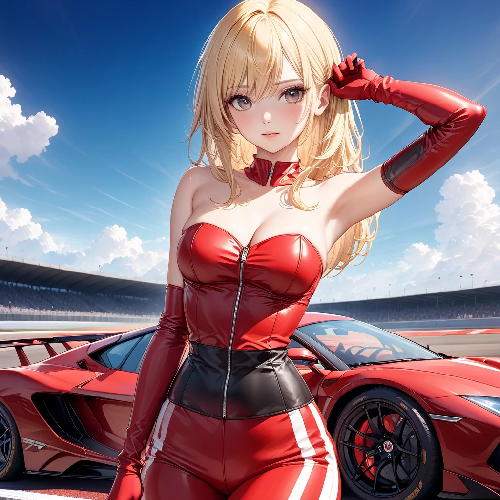 A woman wearing a race queen costume, leather boots, big breasts, smiling, holding a bar with a flag, standing on a race track, with a wide view of the lawn, blonde hair,short hair, hair with red bangs, multicolored hair, smiling, brown eyes, black racing car with red details on the back, perfect racing car. UHD , prime work , accurate , anatomically correct , textured skin , super details , high quality , best quality, 8k, high resolution, bokeh effect. (woman alone), close view.
