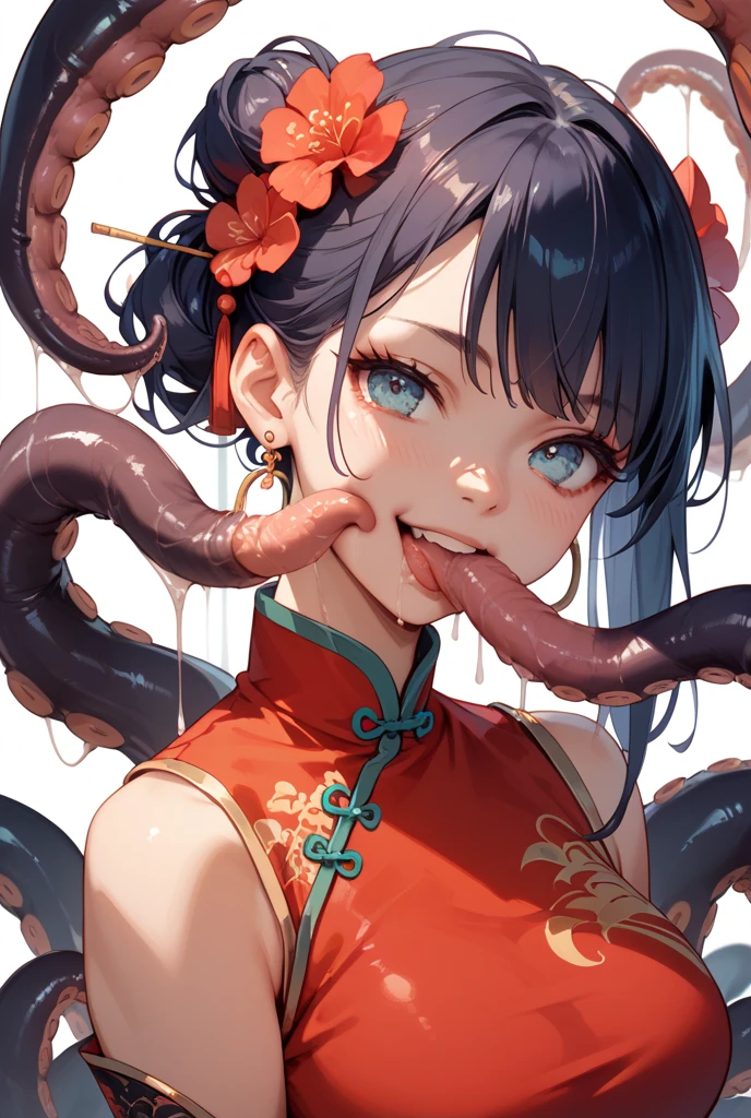 Period drama manga style　A 15-year-old super beautiful Chinese girl with black hair in a bun cut　She is made to lie on a Chinese-style bed, her arms spread, tied with pink strings, restrained, wearing a long-sleeved Chinese dress for royalty, and a tentacle hose for excretion is thrust into her pussy, making her cry.　The tentacles penetrate her clothes and rape her.