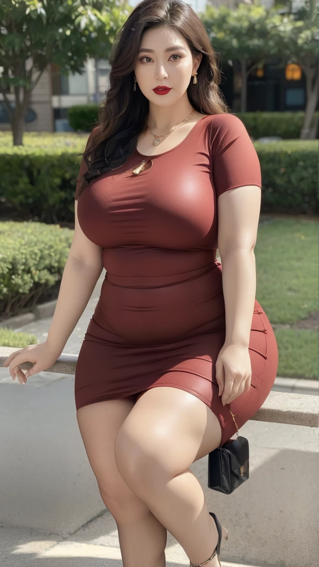 Masterpiece, 16k, Japanese, 1 female, 25 yrs old, (round neck short sleeve maxi tight dress: 1.2), huge heavy cleavage, chubby, realistic face,