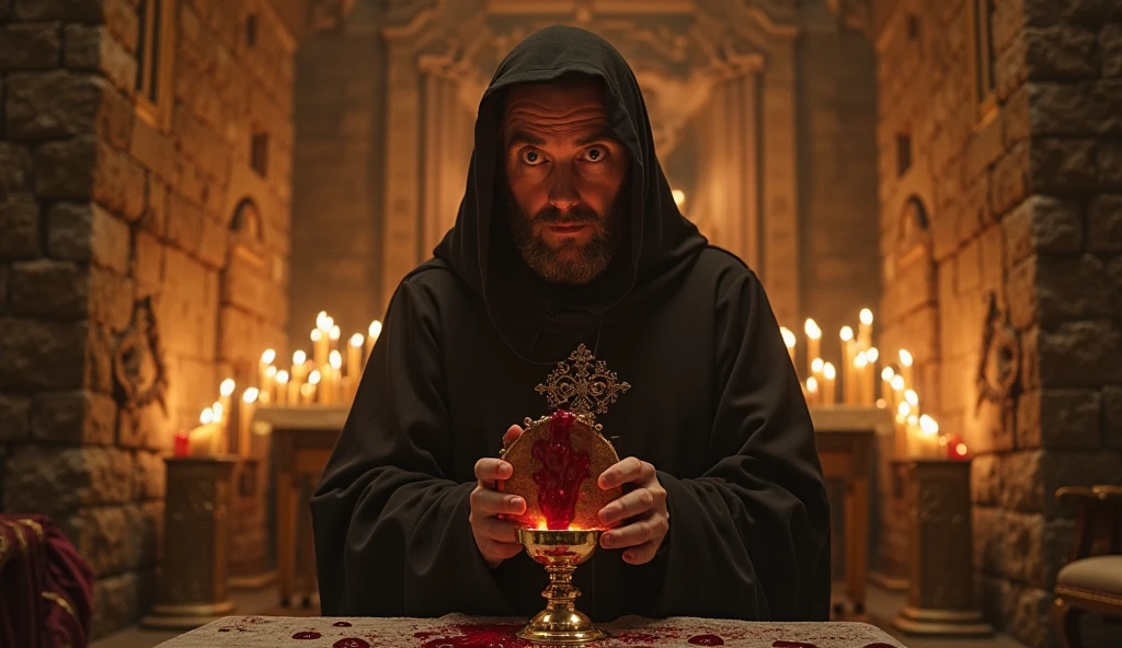 (a person wearing a black hooded robe and a satanism deer skull,holding a candle, look down，away from the spectators),(Best quality,A high resolution,frowning,fear,satanism,Dark color scheme),dim background,frowning atmosphere,flickering candle light,creepy atmosphere,detailed robe texture,dark and mysterious,Haunting Shadow,Phantom Breath,The eyes are sinister,Weak light from a candle flame, Camera angle, Photorealistic, A high resolution,