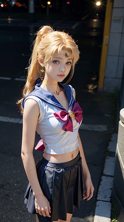 Beautiful girl、Sailor Moon, Beautiful Blue Eyes、White panties、Blonde hair that is almost yellow、Beautiful blonde long hair, A cute 19 year old face、Place your hands horizontally at your sides、Christ Pose、He was put on the cross.、Execution、choker, White gloves, Blue Skirt、Thighs、Big Breasts、Large Breasts、Big Hips、Beautiful feet、Big red ribbon on chest、Defeated Heroine、Tattered and torn clothes、Underwear exposed、Skirt fluttering in the wind。rubble、Destroyed city、inflammation、Torn Costume、Looking down