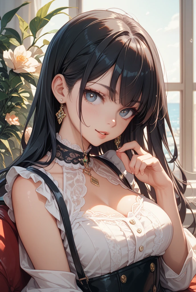 anime (centenas), senhora adolescente, gostosa, Sensual (peitos muito grandes), atriz (Reitia Saint-Emilion) , medium black hair down to the neck , olhos roxos, calcinha fio dental de tira dupla, lace bra, lungerie sexy, Ela estava em um quarto toda molhada de suor.  