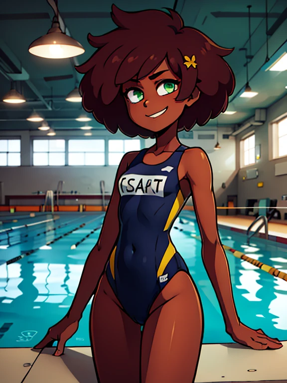Really embarrassed tomboy thin hairly girl, with short gray curly  hair, brown skin and  glasses,in body paint brown, full body,  gymnastic poses 