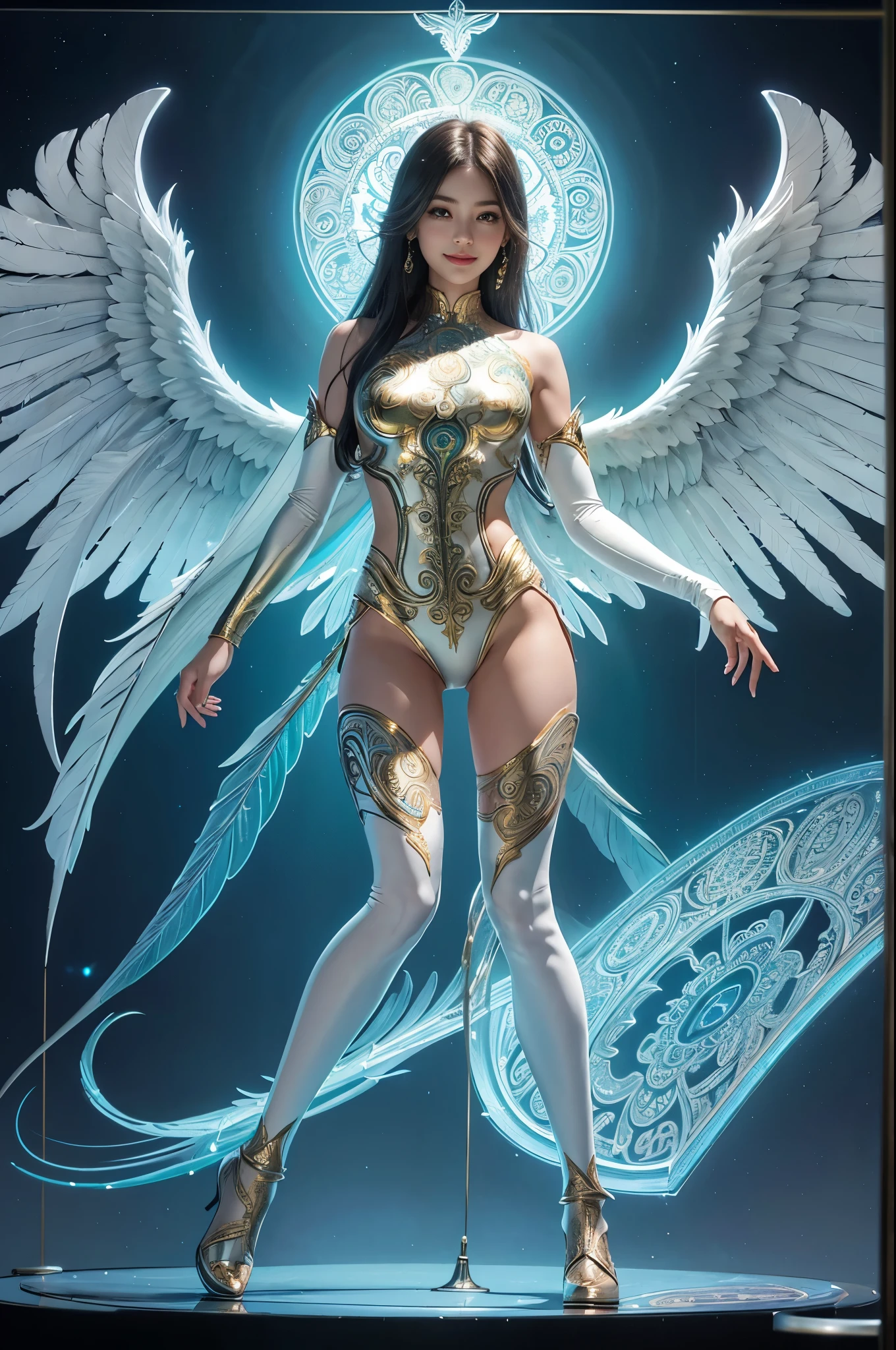 A young 15- yr old native European girl with lovely charminvg face,( brown skin texture masterpiece), (perfect full body detailed anatomy), (Super accessories detailed), (meditating ), (perfect detailed glowing bright eyes),(short  illuminating silver crystalized hair)，((expose big hard erect nipples))(( exposed panty ))(legs wide open showing pussy line)(( Wearing transparent illuminating costume of an angel))，holding a treasure swords (( illuminating different lights covering the sorrounding atmosphere)) Has beautiful large white wings, The character solemnly praying 