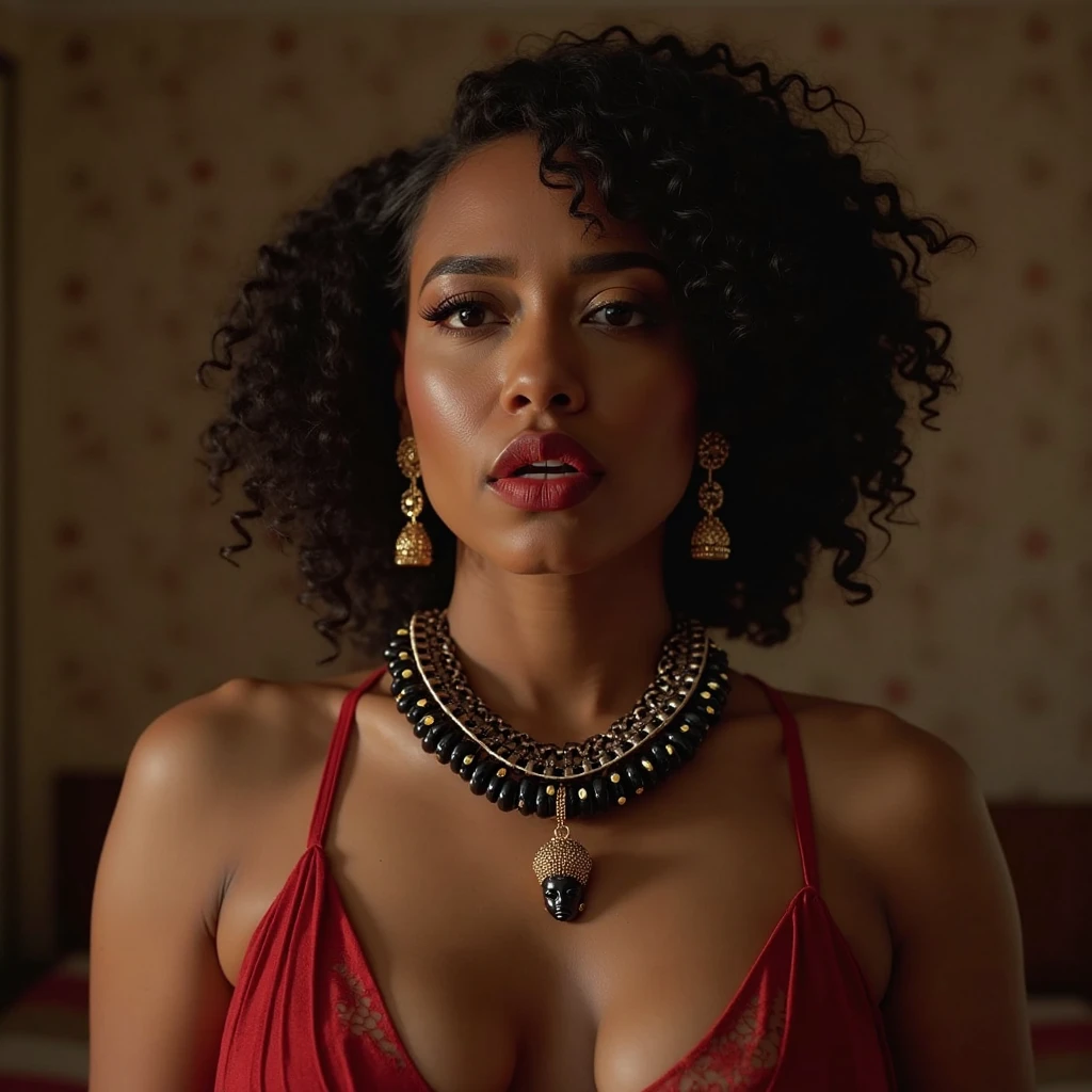 A full-body portrait of wolf cut hairstyle erotic hindu wife, sitting on chair, front facing, 4K, wide angle camera view, super realistic, huge breast, super big fake lips red lipstick super delicious body black saree bra sexy body, full body