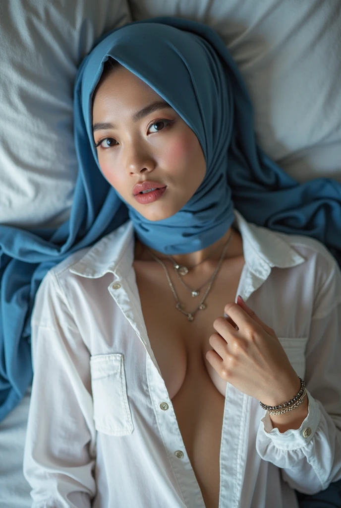 cute malay girl with hijab, wet face, smile, (light blue hijab), (medium portrait:1.3), dramatic light , Rembrandt lighting scheme, (hyperrealism:1.2), (8K UHD:1.2), (photorealistic:1.2), shot with Canon EOS 5D Mark IV, detailed face, detailed skin texture, big boob, pink nipple, beautiful body, show pussy, bedroom, lay down, innocent face, full body show
