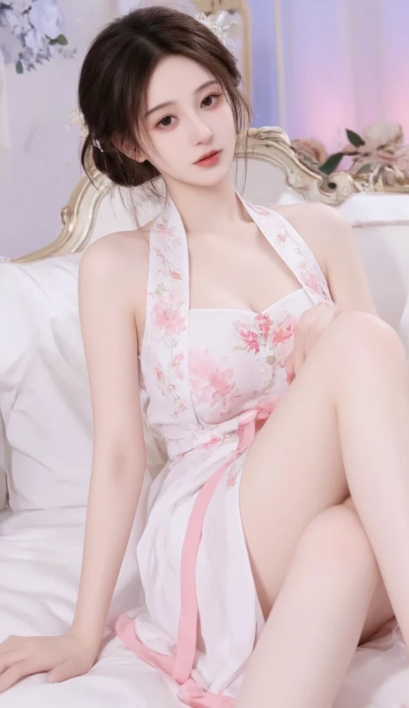 ((tmasterpiece))), A high resolution, (8K), (((looks surreal))), top-quality, ultra - detailed, Anatomically correct, lighting like a movie, super beautiful woman, sexy 24 year old woman, 1人の女性, (1 female), Goose egg face, Nice face, heart - shaped pupils, looks like falling in love, natural makeup, Detailed big eyes, 二重まぶた, Detailed eyebrows, Thick lip,design a natural、Casual hairstyles for women，Highlight the beauty of simplicity. The hairstyle characterized by looseness, Tousled waves create a relaxing atmosphere, Laid back atmosphere. Color scheme showcases natural sun-kissed highlights, create a sunny、Hassle-free effect. This hairstyle perfect for embracing nature、Relaxed beauty.,((Playful)), ((Top knot)), ((actual)), Playful and whimsical updo hairstyles for women，Exuding joy and playfulness. Hair style adopts creative and unique high bun，With woven elements and floral embellishments, Inspire fun and creativity, detailed skin textures, Glowing and radiant skin, (attractive big breasts:1.3), beautiful constriction, beautiful hand, pretty legs, beaturiful body, wedding gown, V-neck A-line wedding dress,Elegant lace dress, chain necklace, (from front angle), (Front-facing camera angle), (cow boy shooting), Composition from the knees up, looking at viewert, looking at the camera in, Background with:(beautiful flower garden)