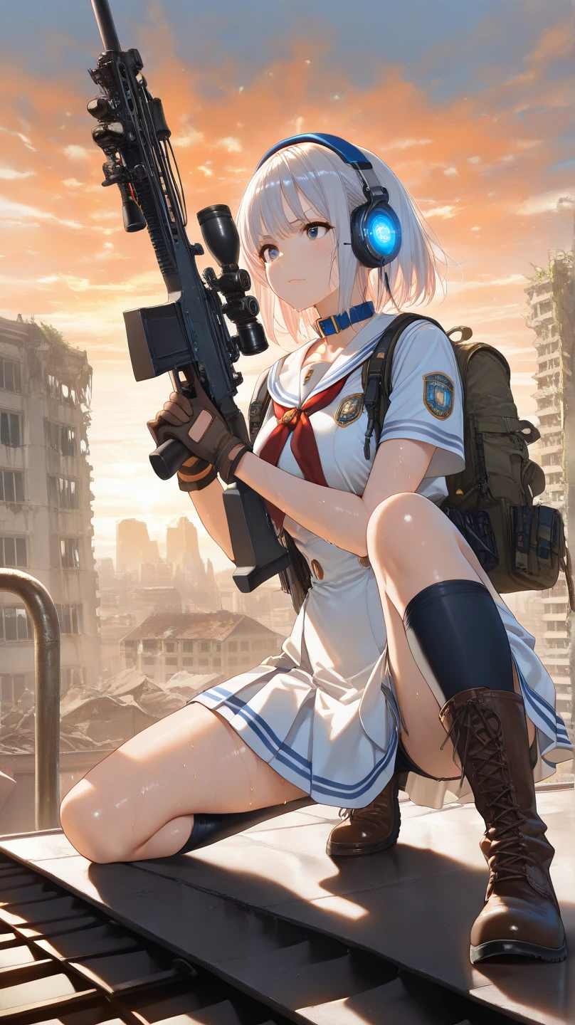 Concept art of a post-apocalyptic world with ruins, overgrown plants, flat chest,((the only girl who survived)),The content is very detailed,Detail view,anime,master piece,dilapidated building right sun,Dilapidated classrooms,Shabby table,Broken chair,open air,(covered with moss and grass),3、Four'afternoon clock,((Remains)),((A girl is sitting in the classroom and looking into the distance)),side,uniform,twisted braids,vanishing point, prospect, movie lighting,close-up shot shot, Glasses, light purple hair