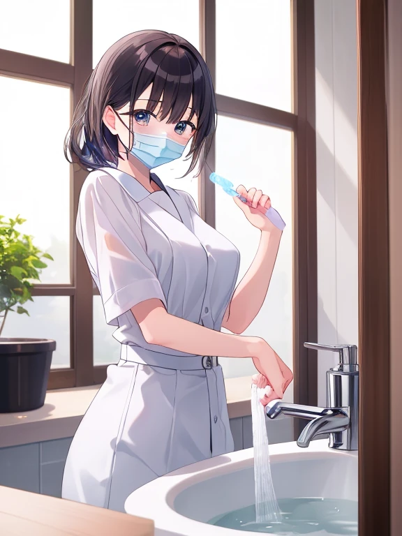 Girl brushing her teeth in the bathroom 1,boyish,Very short hair,Black Hair,Light blue pajamas,Looks sleepy,Large Breasts,