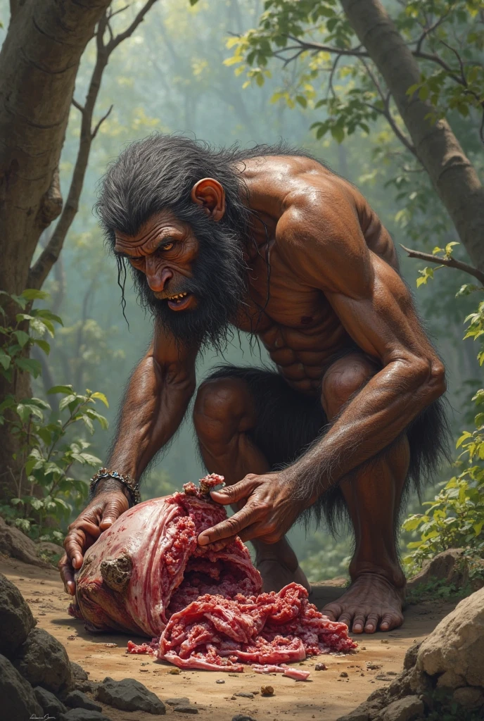 Masterpiece, Neanderthal man eating meat with his hand, must not contain any dish or household utensils, best quality, hominid highlights leather clothes, low light.