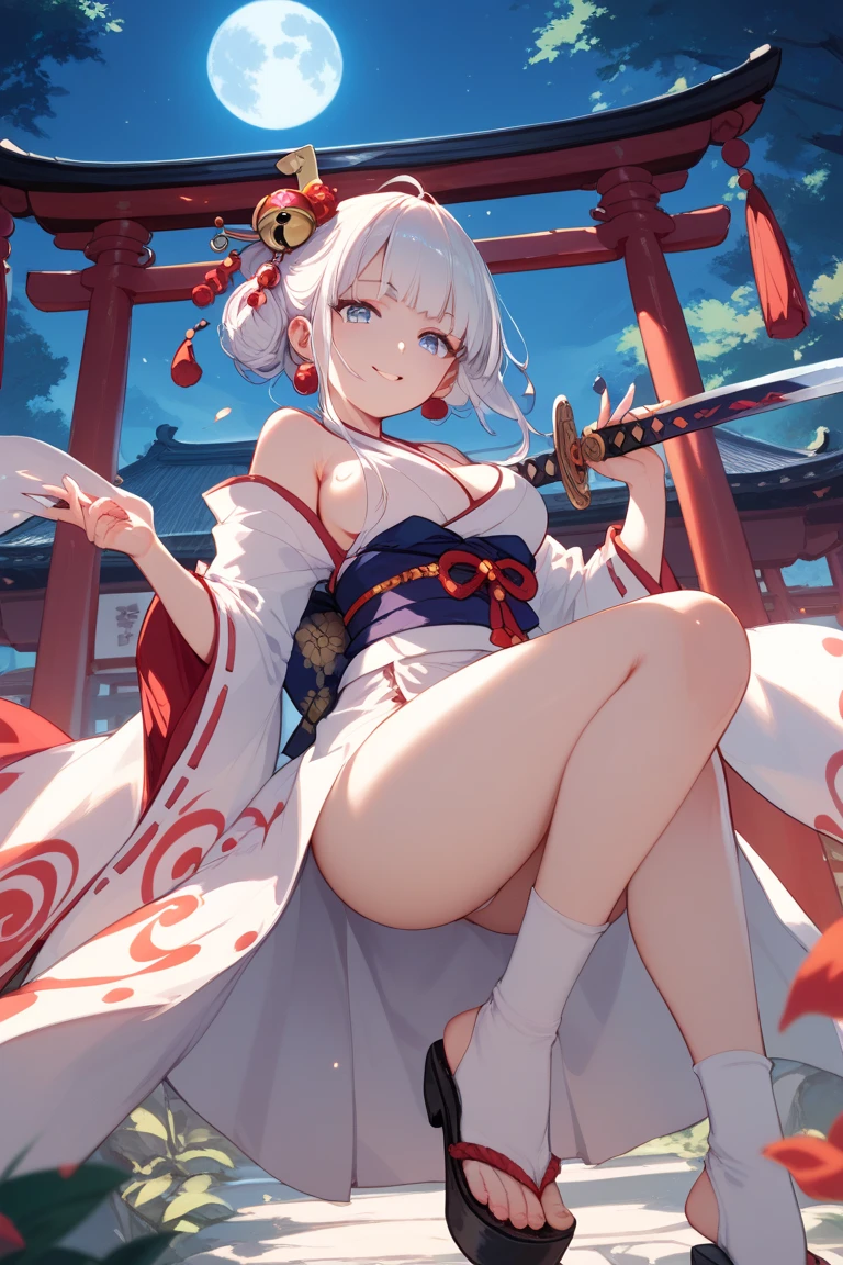 ((in shrine)), red-black costume, holding a sword, Onmyoji, nobushi, Flowing white robe, Ghost fire, Daoism, (put on Mask), absurdres, RAW photo, extremely delicate and beautiful, masterpiece, Best Quality, ultra high resolution, 32k, hyperrealistic, ultra-detailed, detailed description, pale skin, 20 years old, tearful mole, earring, Colossal tits, short medium hair, wavy hair, evil grin, full body shot,