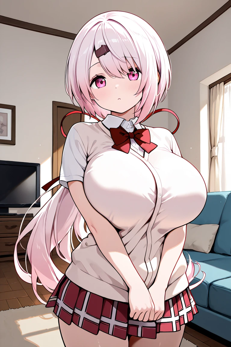 ,Open mouth, A MILF, realystic photo, hyperrealizm, saggy breasts,wide hips,on bed,,pink hair,long hair,blush,white sweater,skirt,milf,sitting
