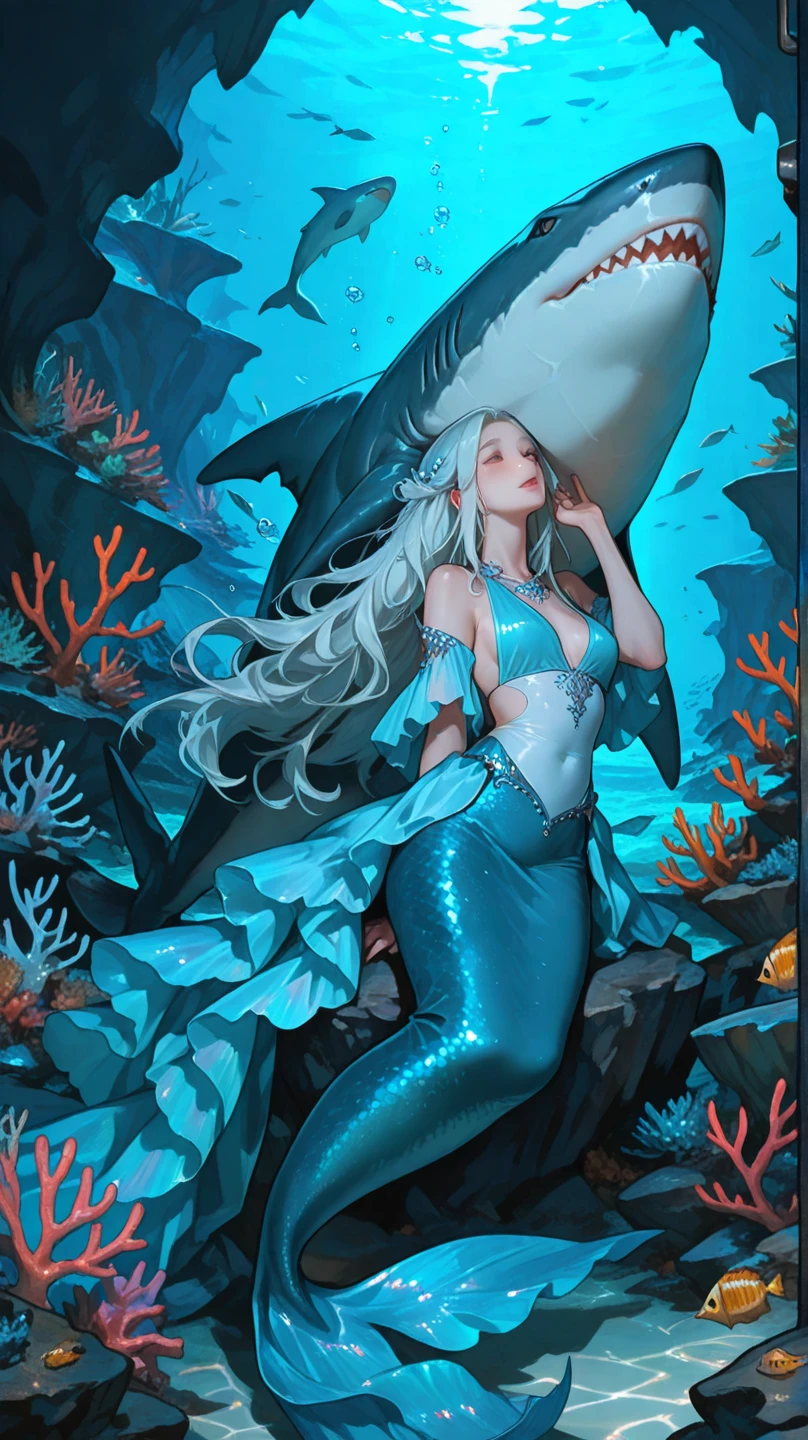 The cold sea witch and her mermaid foster son。Sea witches have long hair and gorgeous dresses，The mermaid raised son is tall，The tail of the fish is strong and powerful，Take the Sea Witch in your arms
