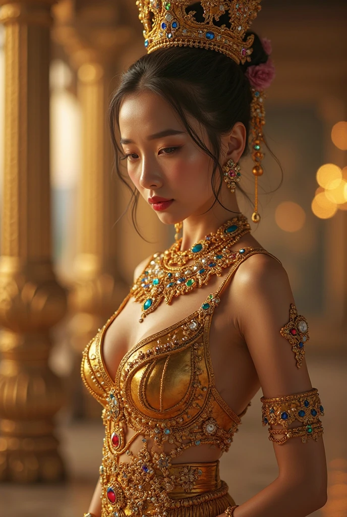 all men stare at a beautiful javanese princess in a skimpy dress, masterpiece, best quality, best quality, official art, beauty and aesthetics: 1.2), (masterpiece: 1.3), (8K, realistic, RAW photo, best quality: 1.4), beautiful tanned face, bare arms, sitting upright in a see-through dress, medium breasts, upper body photo (photorealistic face), very high resolution, ultra photo realism, very detailed, golden ratio, (with dynamism: 1.3), (saturation: 1.3), illusion engine, (high detail: 1.9), (woman: 1.4), (medium breasts), javanese princess, The background is a palace full of treasures, men stare at the javanese princess, dramatic: 1.8), (Shining scepter: 1.5), (laying on the table: 1.4), Mysterious symbols