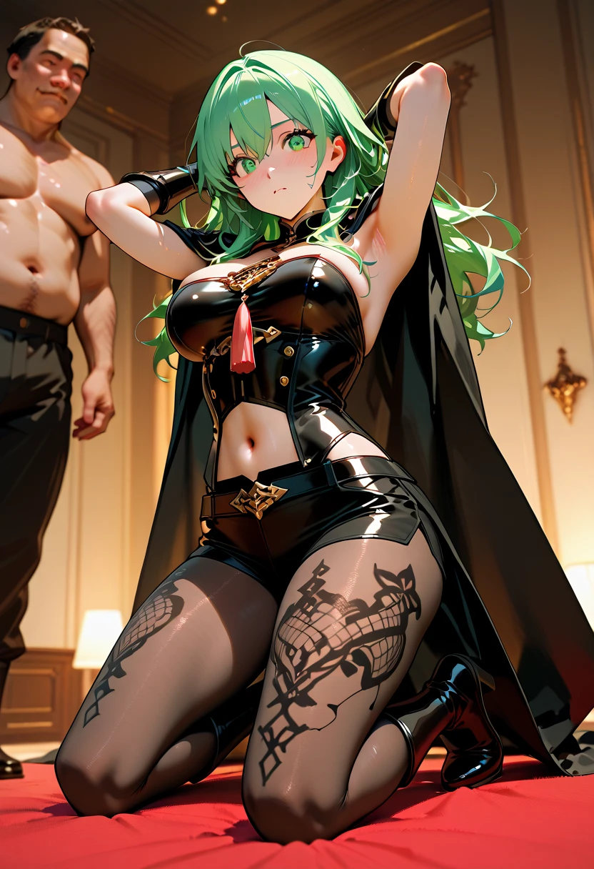 NSFW,masterpiece,Highest quality,High resolution,Super detailed,Uber\(Funeral of Frieren\),Green Hair、bangs、Hair between the eyes、Side Ponytail、Purple Eyes、choker、Playboy Bunny,clavicle,Embarrassed,blush,Sulky face,Luxurious Room,pub,Private room,sofa,heart,Sexy pose,(Noble men),Being spoiled,Lean on,(Obedience)